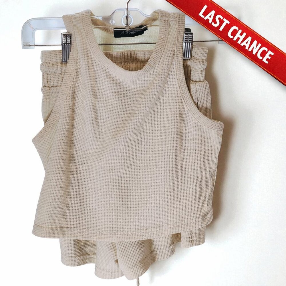 Automet Beige Waffle Knit Lounge Set –Women’s Small – Tank & Shorts Matching Set